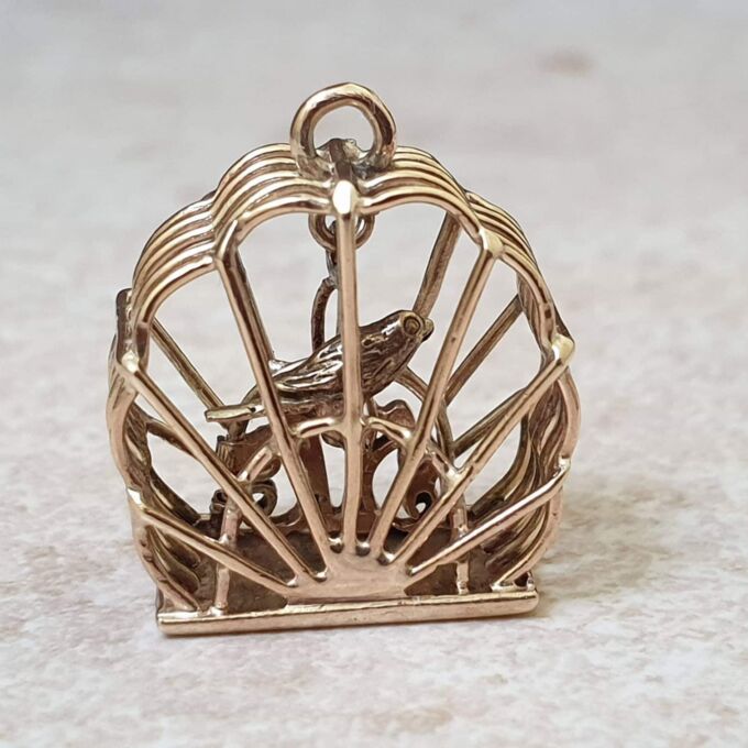 Bird in Birdcage Charm Pendant in 9ct Gold