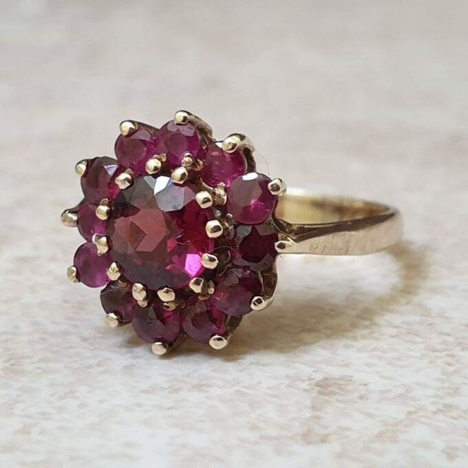 Rhodolite Garnet Cluster Ring in 9ct Gold.