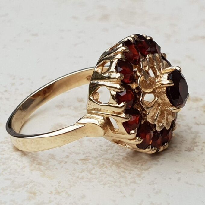 Bold Garnet Halo Cluster Ring in 9ct Gold, a UK N or a US 7.