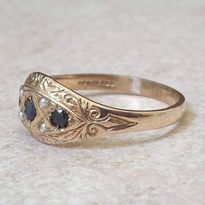 Sapphire and Seed Pearl Gypsy Ring in 9ct Gold, a UK N or a US 7