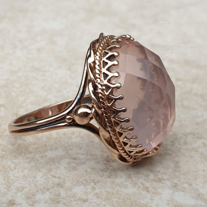 Reserved – Pink Rose Quartz Solitaire in 9ct Rose Gold, a UK M or a US 6 1/2