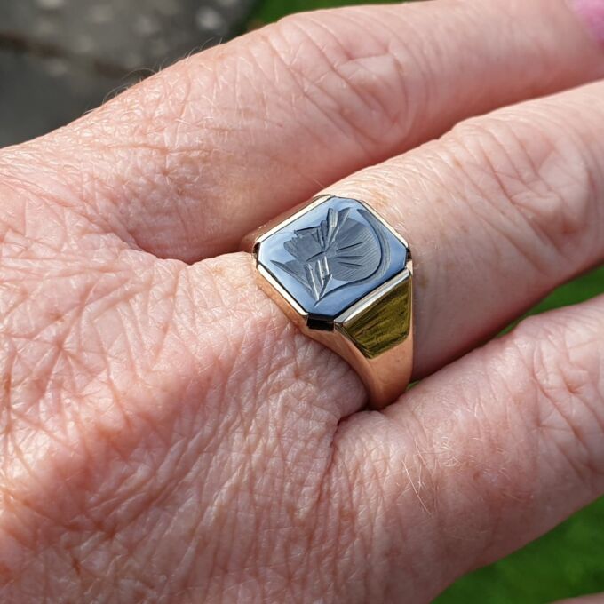 Hematite Centurion Intaglio Signet Ring in 9ct Gold,  a UK O 1/2 or a US 7 3/4.