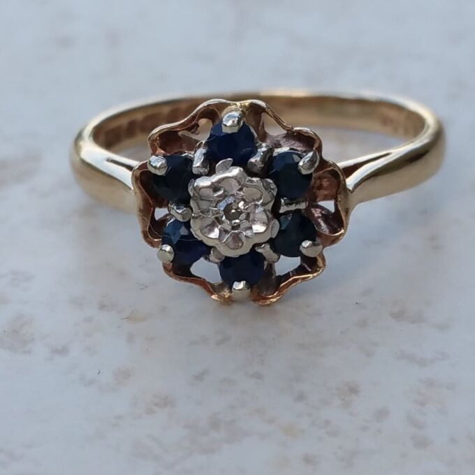 Flower Sapphire and Diamond Rose Ring in 9ct Gold, a UK J 1/2 or a US 5 1/4.