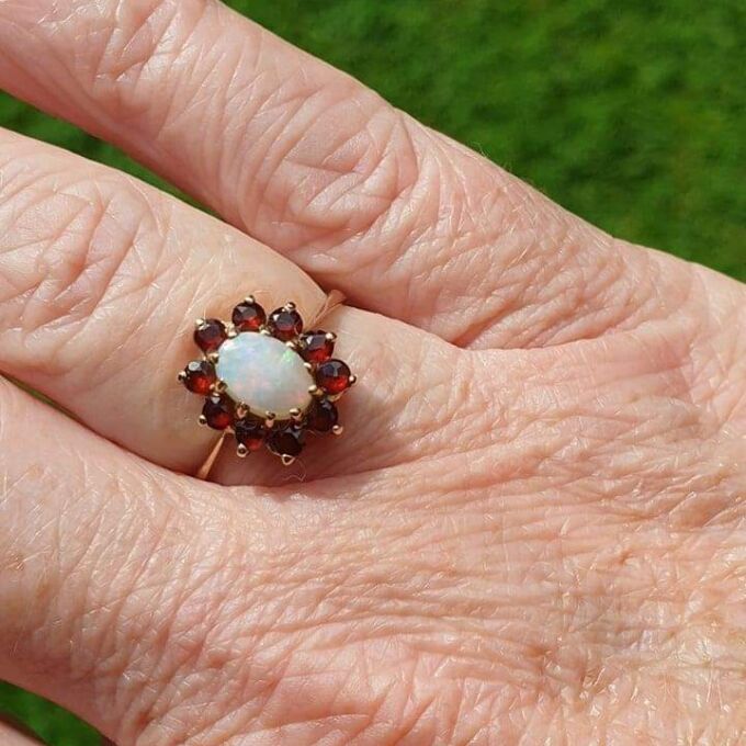 Opal and Garnet Cluster Ring in 9ct Gold.