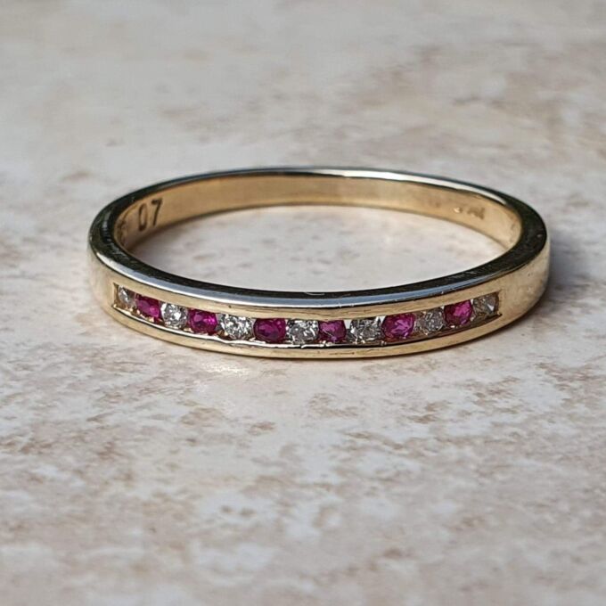 Channel Set Ruby and Diamond Narrow Band in 9ct Gold.