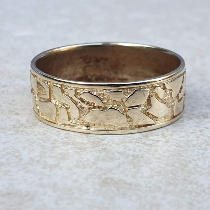 Broad Abstract Patterned Band in 9ct Gold,  a UK T or a US 10.