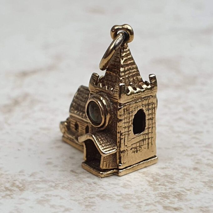 Opening Church Charm with Stanhope Lens and Wedding Scene Inside in 9ct Gold.