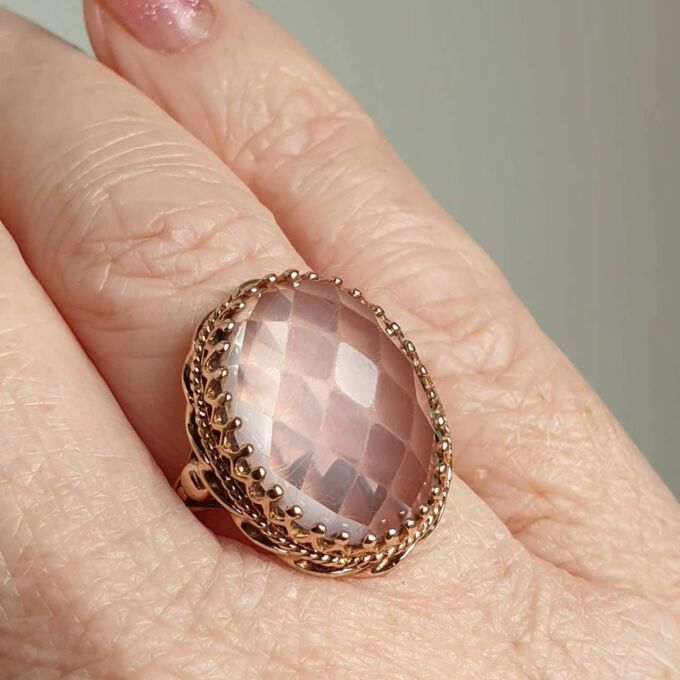 Reserved – Pink Rose Quartz Solitaire in 9ct Rose Gold, a UK M or a US 6 1/2