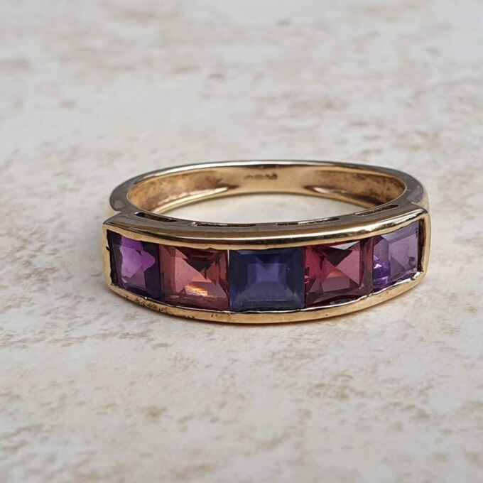 Iolite, Tourmaline and Amethyst Ring in 9ct Gold.