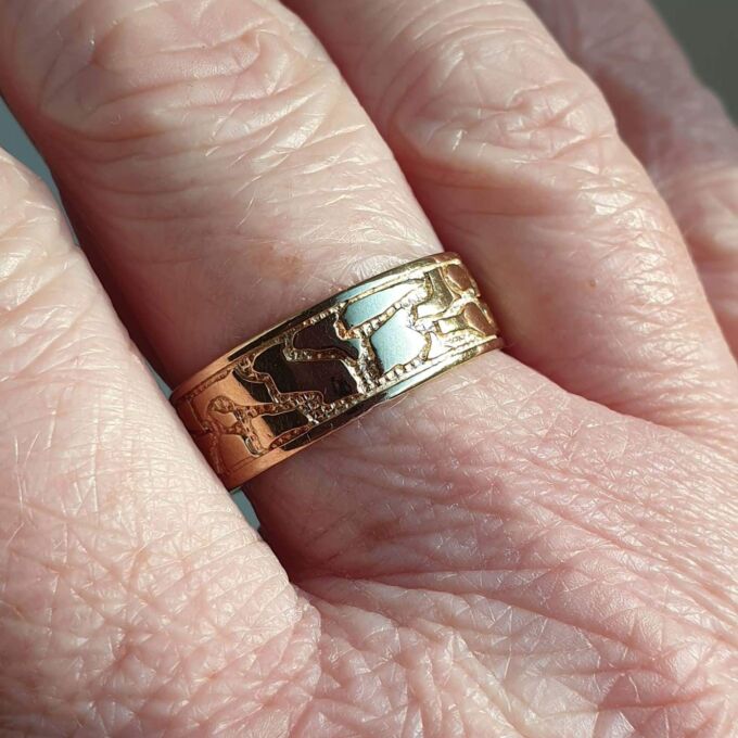 Broad Abstract Patterned Band in 9ct Gold,  a UK T or a US 10.