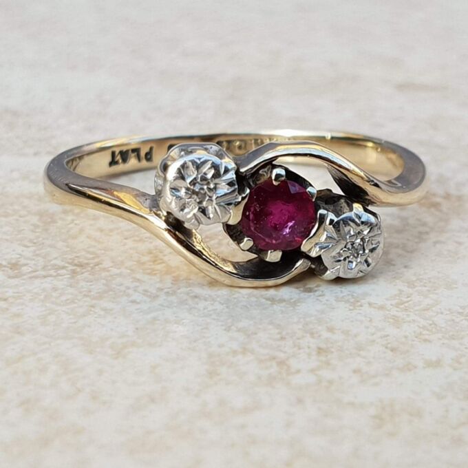 Ruby & Diamond Bypass Ring in 9ct Gold & Platinum,  a UK J 1/2 or a US 5 1/4.