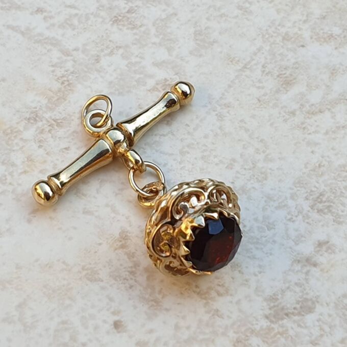 Albert or T Bar Fob Pendant with Garnet Chatm in 9ct Gold