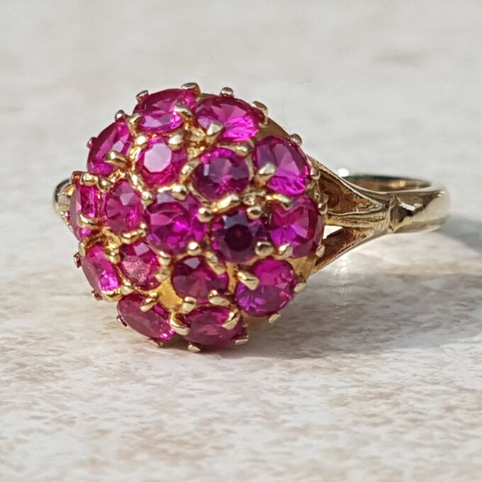 Sale – Synthetic Pink Ruby Sapphire Cluster 9ct Gold Ring, a UK N or a US 7.