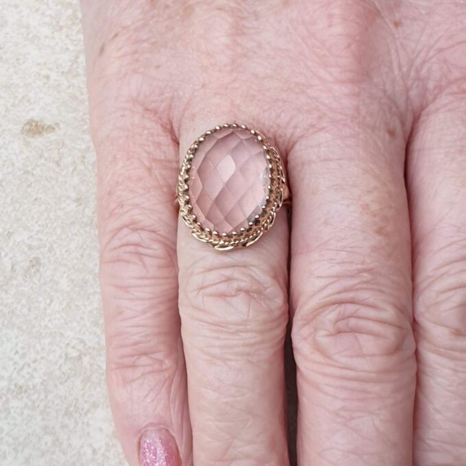 Reserved – Pink Rose Quartz Solitaire in 9ct Rose Gold, a UK M or a US 6 1/2