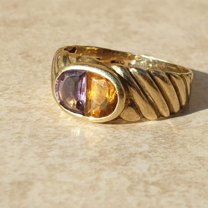 Reserved – Amethyst and Citrine Ring in 9ct Gold,  a UK Q or a US 8 1/2.