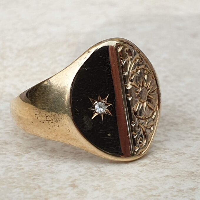 Diamond Set Engraved Signet Ring in 9ct Gold,  a UK O 1/2 or a US 7 3/4