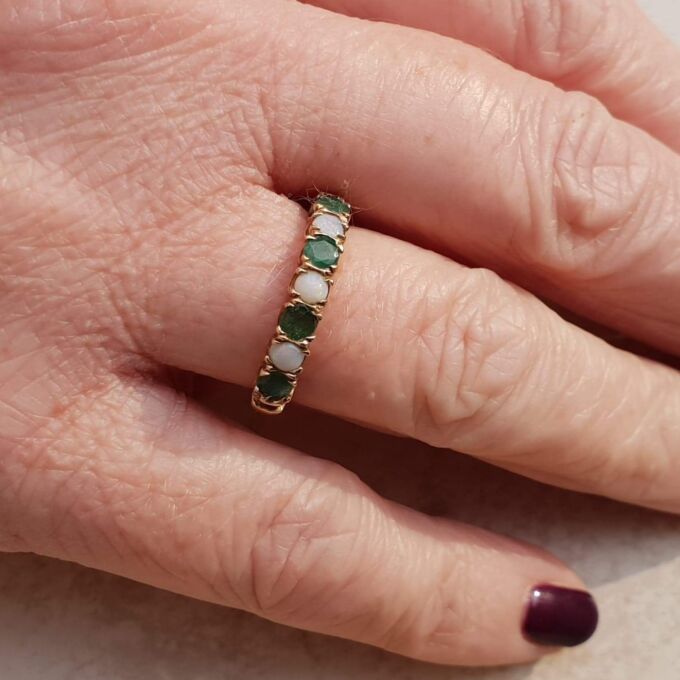 Opal and Green Stone Stacking Band in 9ct Gold, a UK N 1/2 or a US 7 1/4.