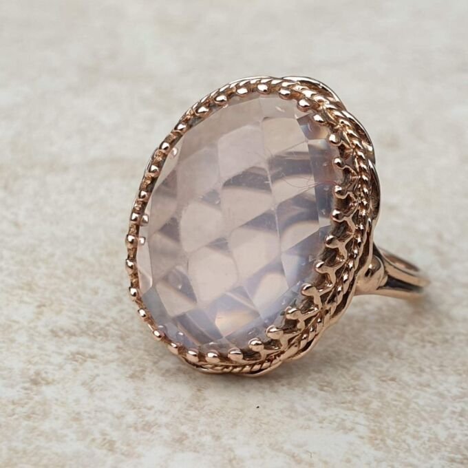 Reserved – Pink Rose Quartz Solitaire in 9ct Rose Gold, a UK M or a US 6 1/2