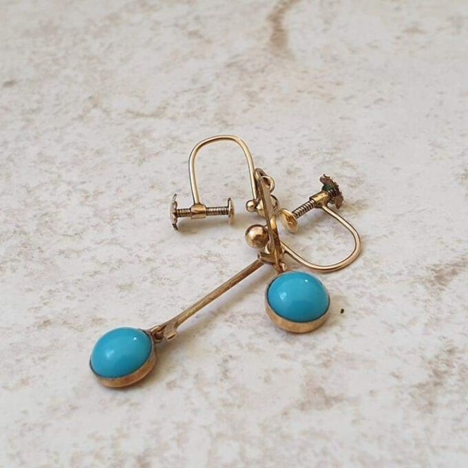 Old Turquoise Paste and 9ct Gold Screw Back Earrings.