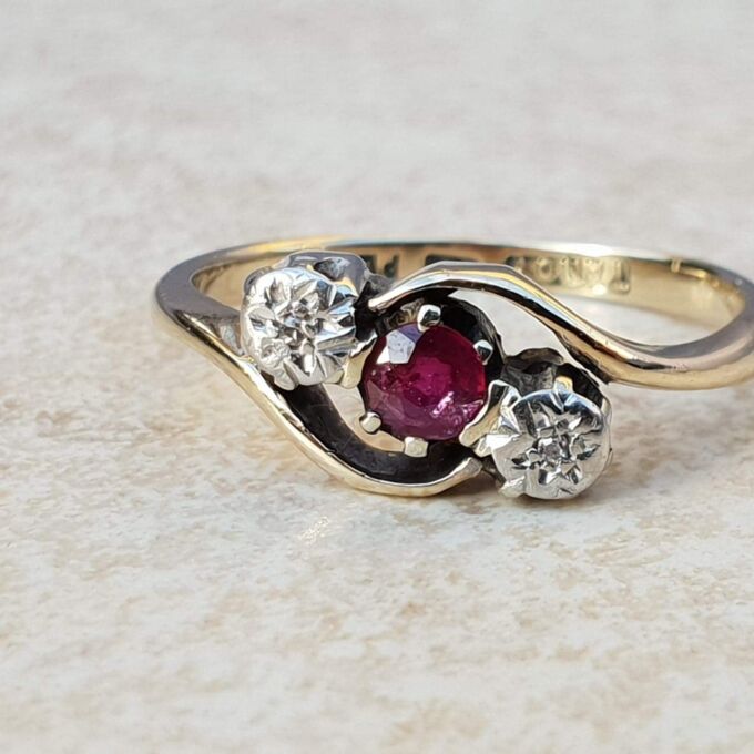 Ruby & Diamond Bypass Ring in 9ct Gold & Platinum,  a UK J 1/2 or a US 5 1/4.