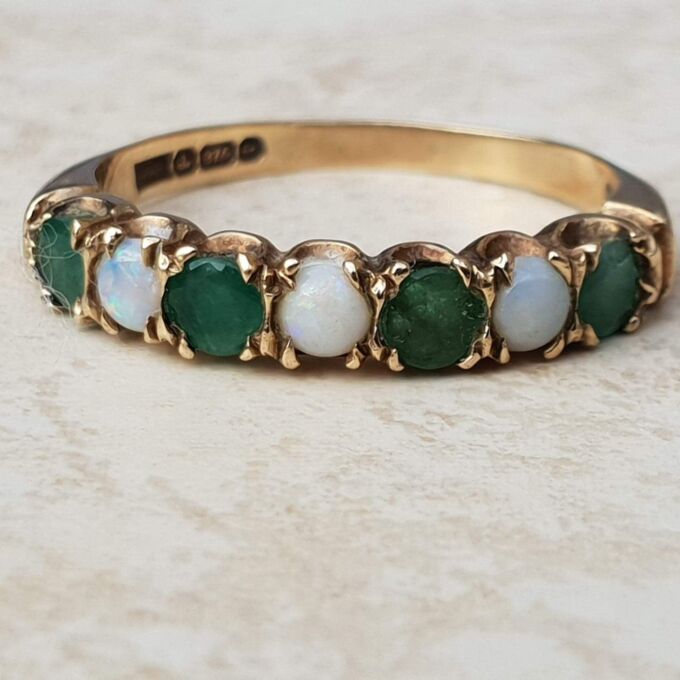 Opal and Green Stone Stacking Band in 9ct Gold, a UK N 1/2 or a US 7 1/4.