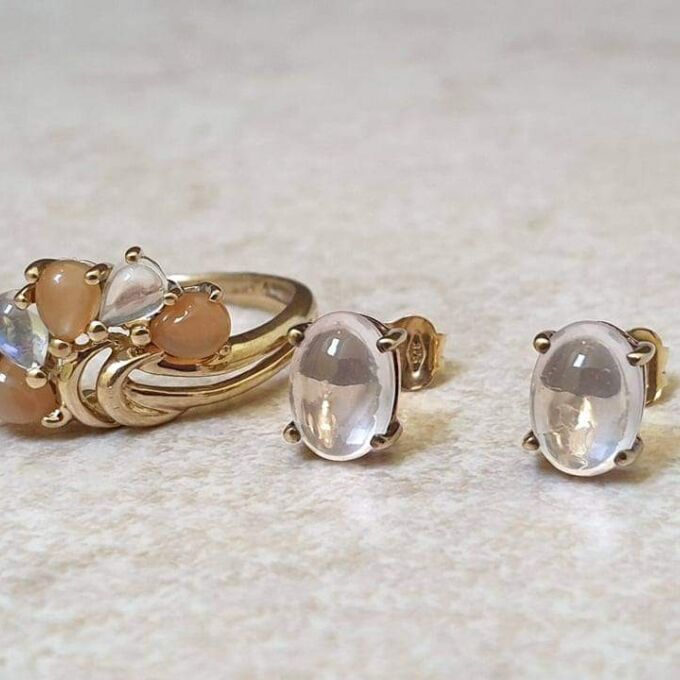 Rainbow and Peach Moonstone Ring in 9ct Gold.