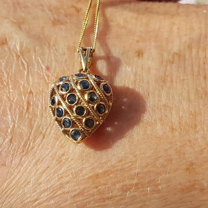 Two Sided Reversible Ruby and Sapphire Heart Pendant and Chain in 9ct Gold