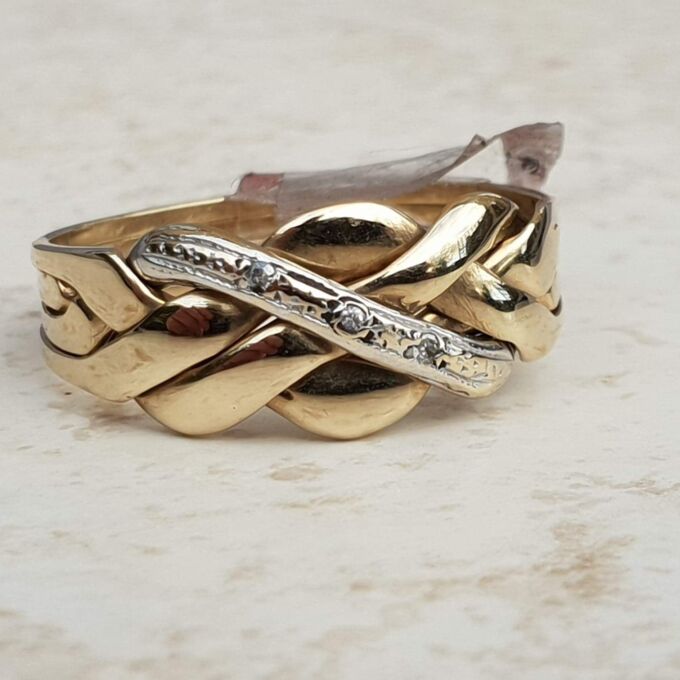 Four Piece Puzzle Ring with Diamond Accents in 9ct Gold, a UK P or a US 8.