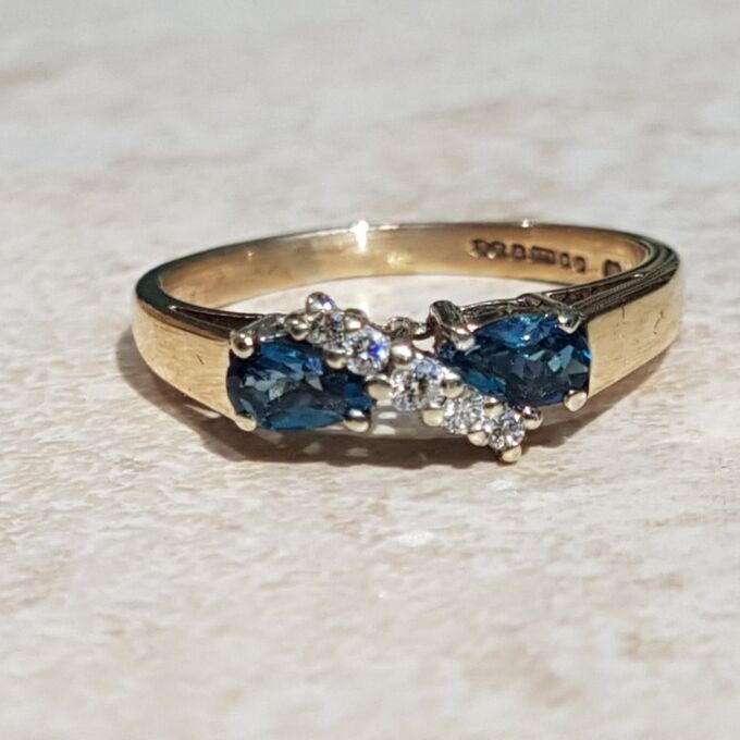 Sale – London Pear Blue Topaz & Diamond 9ct Gold Ring, a UK M 1/2 or a US 6 3/4.
