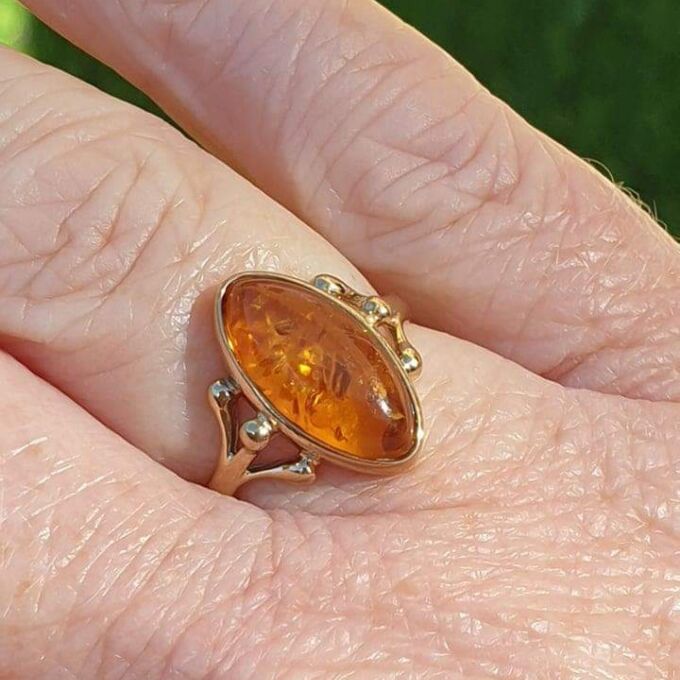Marquise or Navette Amber Ring in 9ct Gold.