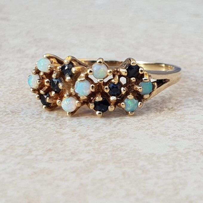 Intricate Multi Stone Opal and Sapphire Ring in 9ct Gold, a UK O or a US 7 1/4.