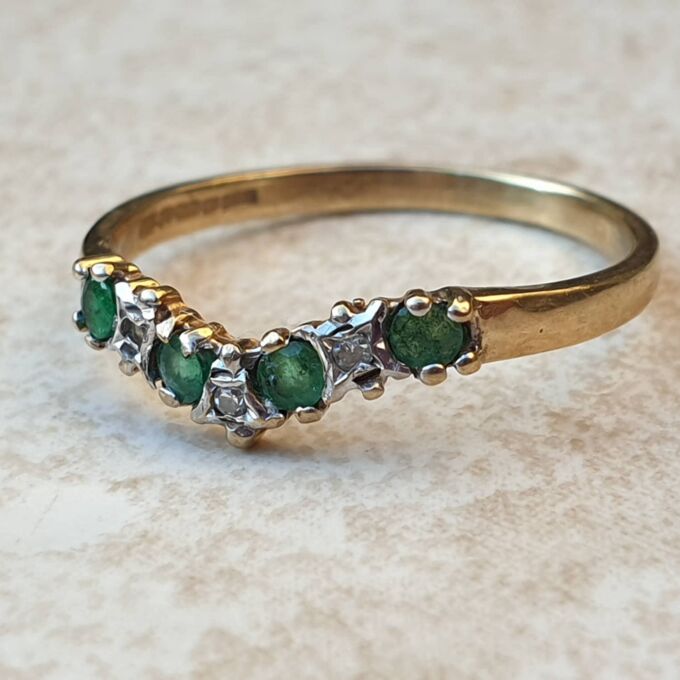Emerald and Diamond Chevron or Wishbone Ring in 9ct Gold, a UK M or a US 6 1/2
