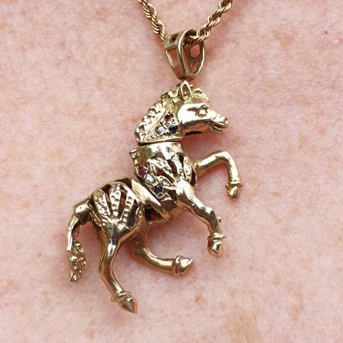 Horse or Pony Pendant with Rubies and Sapphires in 9ct Gold