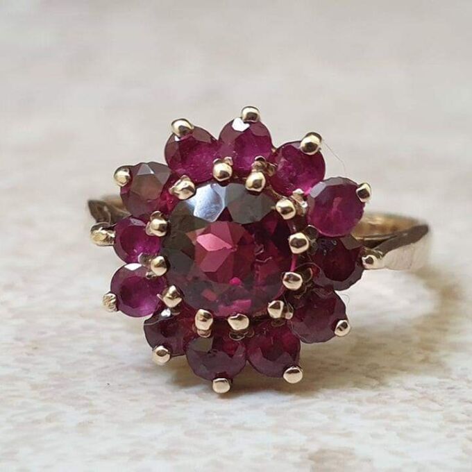 Rhodolite Garnet Cluster Ring in 9ct Gold.