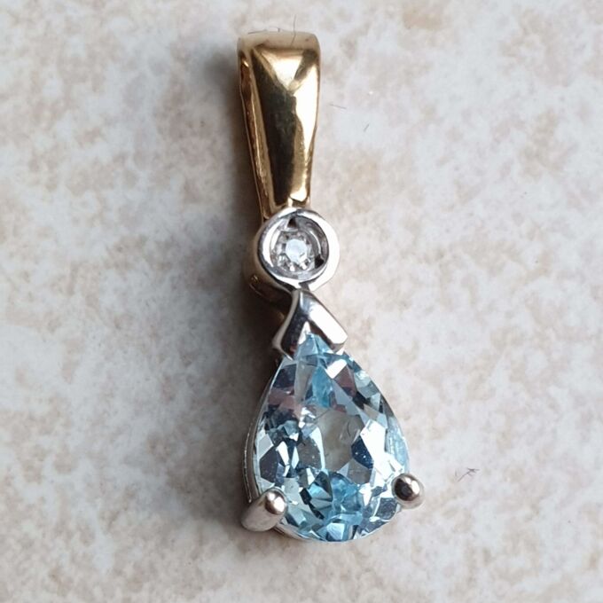 Pear Cut Aquamarine and Diamond Pendant in 9ct Gold