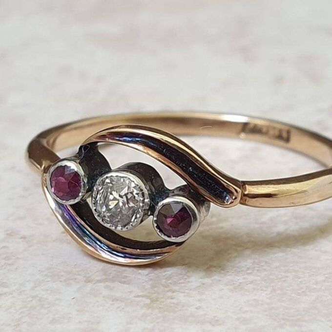 Ruby & Diamond Trilogy Crossover Bypass Ring in 18ct Gold.