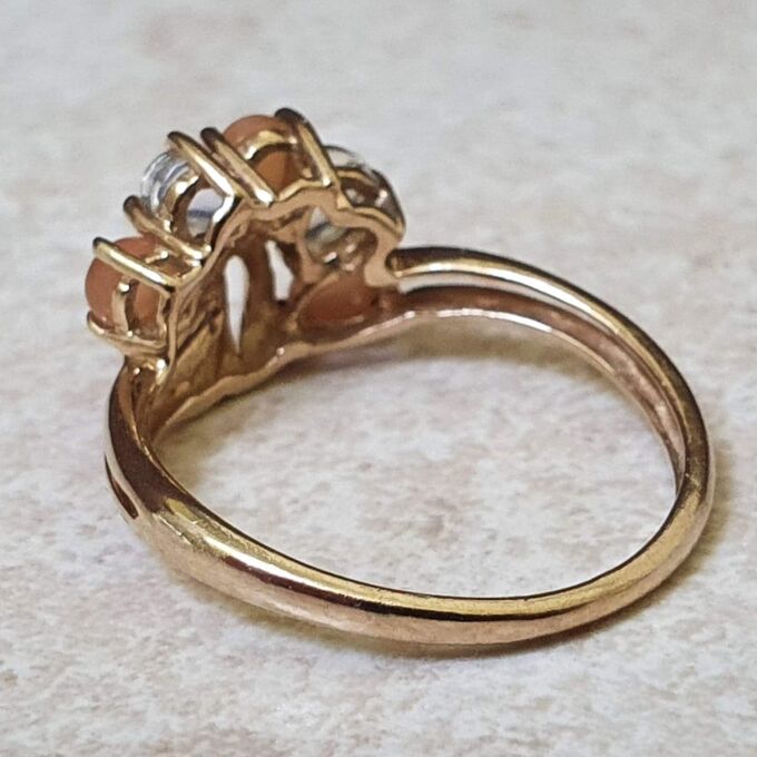 Rainbow and Peach Moonstone Ring in 9ct Gold.