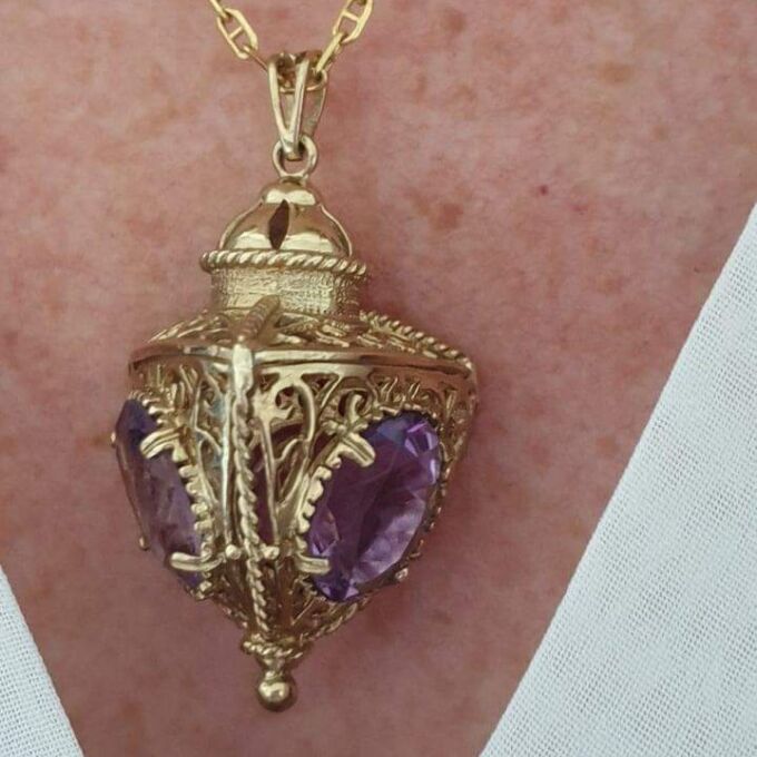 Large Three Sided Amethyst Lantern Pendant in 9ct Gold.