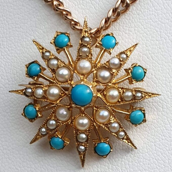 Turquoise and Pearl Star Snowflake Brooch and Pendant in 9ct Gold