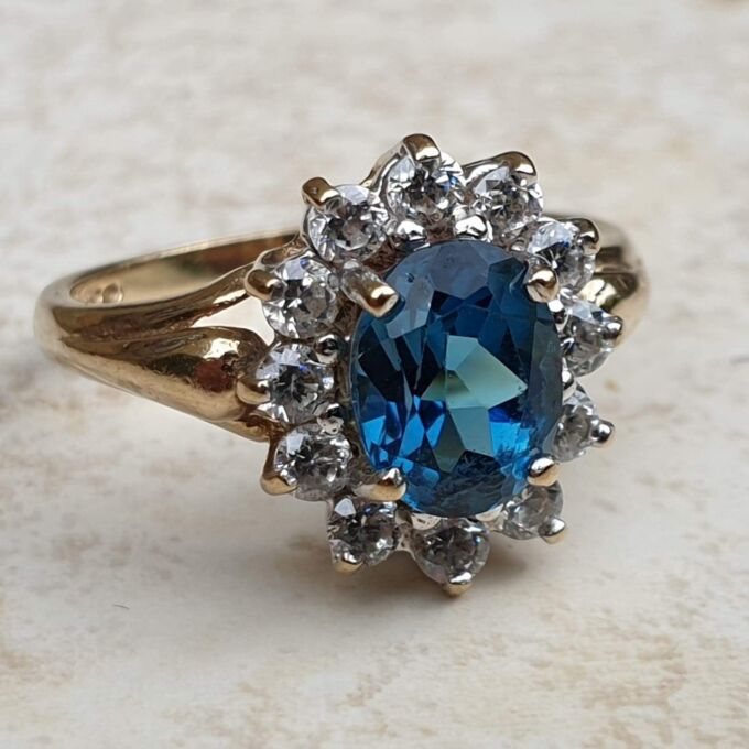 London Blue Topaz and Paste Cluster Ring in 9ct Gold,  a UK L 1/2 or a US 6 1/4.