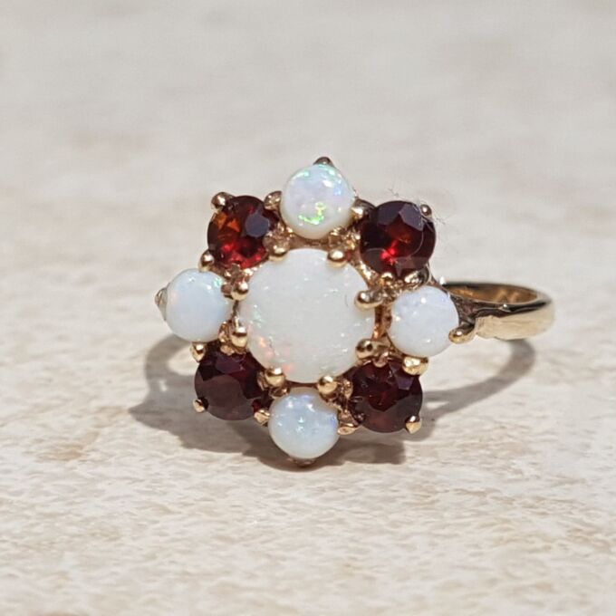 Opal and Garnet Cluster Ring in 9ct Yellow Gold, a UK J or a US 5.