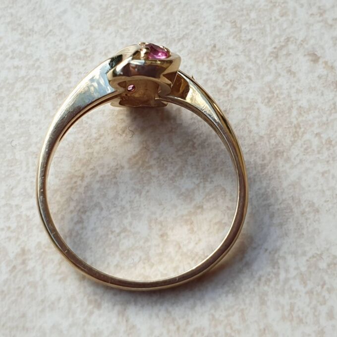Ruby & Paste Scroll Ring in 9ct Gold.