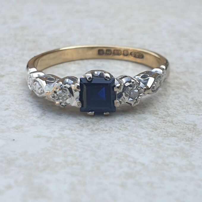 Square Princess Sapphire and Diamond Ring in 18ct Gold, a UK L 1/2 or a US 6 1/4