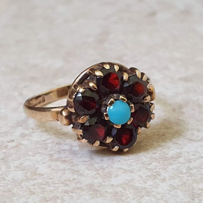 Garnet and Turquoise Ring in 9ct Gold.