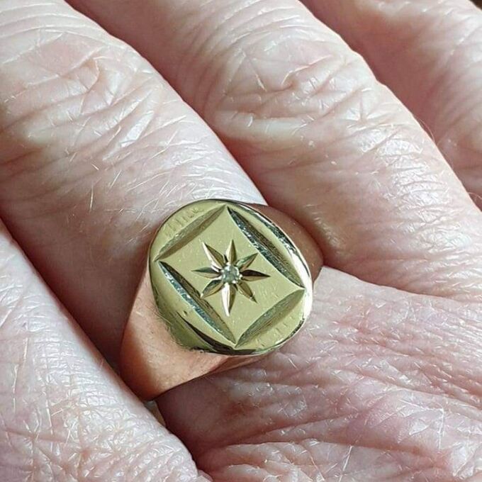 Heavy Oval Diamond Set Signet in 9ct Gold.