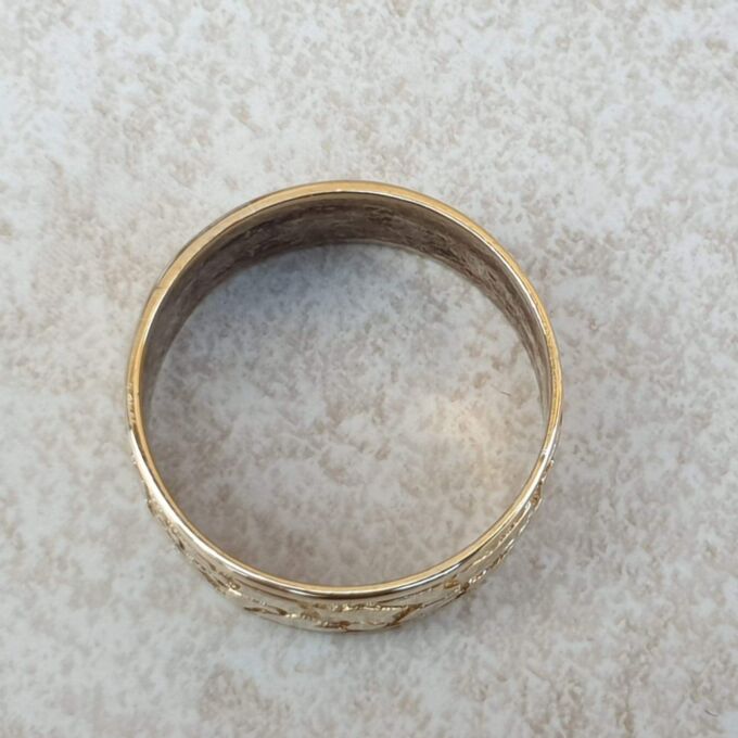 Broad Abstract Patterned Band in 9ct Gold,  a UK T or a US 10.