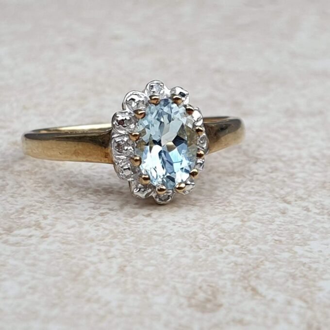 Aquamarine and Diamond Cluster Ring in 9ct Gold,  a UK M 1/2 or a US 6 3/4.