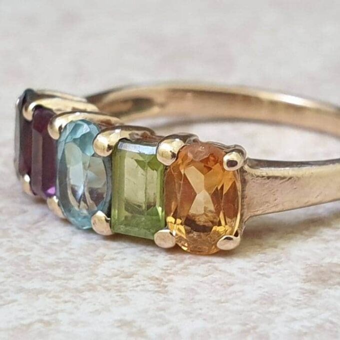 Reserved – Rainbow Multi Stone Ring in 9ct Gold, a UK M 1/2 or a US 6 1/2