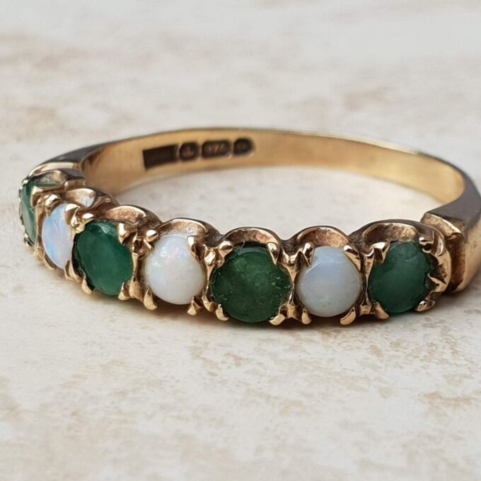 Opal and Green Stone Stacking Band in 9ct Gold, a UK N 1/2 or a US 7 1/4.