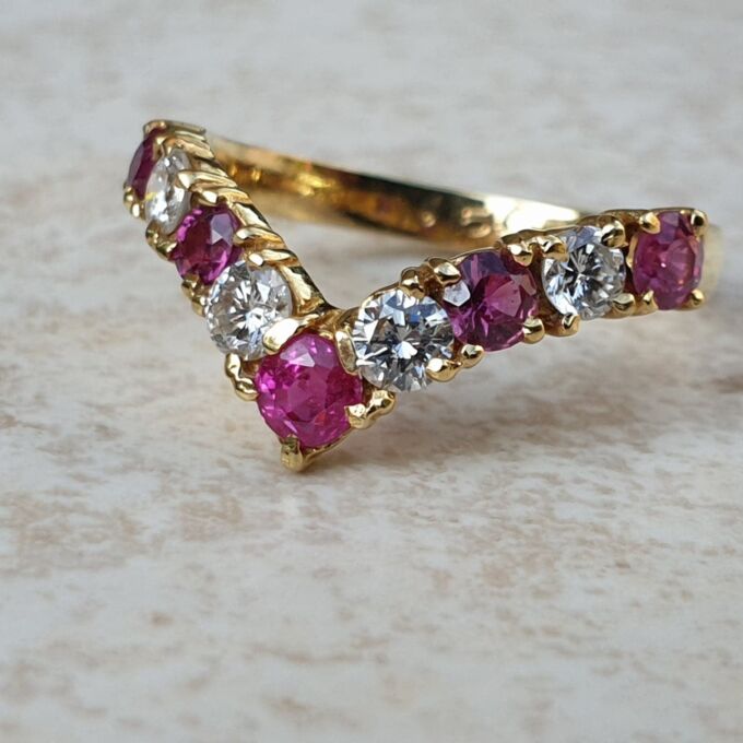 Ruby and Diamond Chevron Ring in 18ct Gold,  a UK M 1/2 or a US 6 3/4.